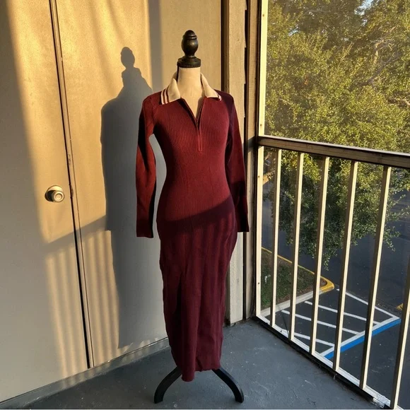 Abercrombie Burgundy Ribbed Long Sleeve Sweater Dress Collared Knit Bodycon - Picture 4 of 9